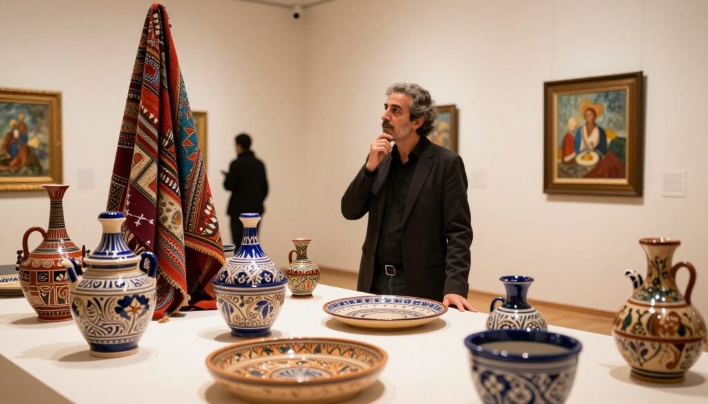 An artistic installation inspired by Yto Barrada's curatorial themes, showcasing a blend of modern and traditional Moroccan elements. In the foreground, intricately designed ceramics and textiles, arranged in a dynamic composition. The middle ground features a well-dressed curator analyzing the pieces, with an expression of deep contemplation, capturing the essence of art critique. The background reveals a soft-focus gallery space, illuminated by warm, ambient lighting that enhances the colors of the artwork, creating a welcoming atmosphere. Use a wide-angle lens to capture the entirety of the scene, evoking a sense of connection between the viewer and the art. The mood should be reflective and intellectually stimulating, emphasizing the significance of curatorial resonances in contemporary art. An artistic installation inspired by Yto Barrada's curatorial themes, showcasing a blend of modern and traditional Moroccan elements. In the foreground, intricately designed ceramics and textiles, arranged in a dynamic composition. The middle ground features a well-dressed curator analyzing the pieces, with an expression of deep contemplation, capturing the essence of art critique. The background reveals a soft-focus gallery space, illuminated by warm, ambient lighting that enhances the colors of the artwork, creating a welcoming atmosphere. Use a wide-angle lens to capture the entirety of the scene, evoking a sense of connection between the viewer and the art. The mood should be reflective and intellectually stimulating, emphasizing the significance of curatorial resonances in contemporary art.