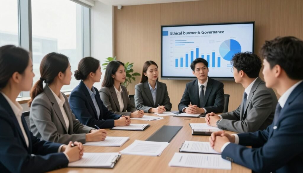 An elegant boardroom scene representing corporate governance with a focus on transparency and ethics. In the foreground, a diverse group of business professionals in formal attire, including a woman in a sharp blazer and a man in a tailored suit, are engaged in a serious discussion around a conference table cluttered with documents illustrating ethical policies and transparent practices. In the middle ground, large windows allow warm natural light to illuminate the room, creating an inviting atmosphere. The background features a large screen displaying charts showcasing ethical business metrics. The overall mood is serious yet hopeful, reflecting the importance of ethical governance in business. The image composition emphasizes professionalism, diversity, and corporate responsibility. An elegant boardroom scene representing corporate governance with a focus on transparency and ethics. In the foreground, a diverse group of business professionals in formal attire, including a woman in a sharp blazer and a man in a tailored suit, are engaged in a serious discussion around a conference table cluttered with documents illustrating ethical policies and transparent practices. In the middle ground, large windows allow warm natural light to illuminate the room, creating an inviting atmosphere. The background features a large screen displaying charts showcasing ethical business metrics. The overall mood is serious yet hopeful, reflecting the importance of ethical governance in business. The image composition emphasizes professionalism, diversity, and corporate responsibility.