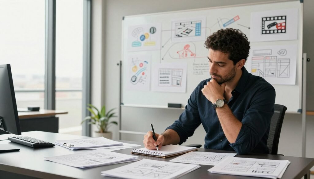 Capturing the essence of Tarek Boudali's multi-faceted career in filmmaking, the image showcases him in a stylish, modern office setting, seated at a sleek desk cluttered with storyboards and scripts. In the foreground, Tarek, dressed in smart casual attire, appears contemplative while jotting down notes in a notepad. The middle ground features a large whiteboard filled with colorful sketches and cinematic diagrams, representing his creative process in production and screenwriting. The background includes floor-to-ceiling windows with soft natural light pouring in, illuminating the space and creating a warm, inspiring atmosphere. The image evokes a sense of creativity and professionalism, highlighting Tarek's achievements in directing and screenwriting. Capturing the essence of Tarek Boudali's multi-faceted career in filmmaking, the image showcases him in a stylish, modern office setting, seated at a sleek desk cluttered with storyboards and scripts. In the foreground, Tarek, dressed in smart casual attire, appears contemplative while jotting down notes in a notepad. The middle ground features a large whiteboard filled with colorful sketches and cinematic diagrams, representing his creative process in production and screenwriting. The background includes floor-to-ceiling windows with soft natural light pouring in, illuminating the space and creating a warm, inspiring atmosphere. The image evokes a sense of creativity and professionalism, highlighting Tarek's achievements in directing and screenwriting.