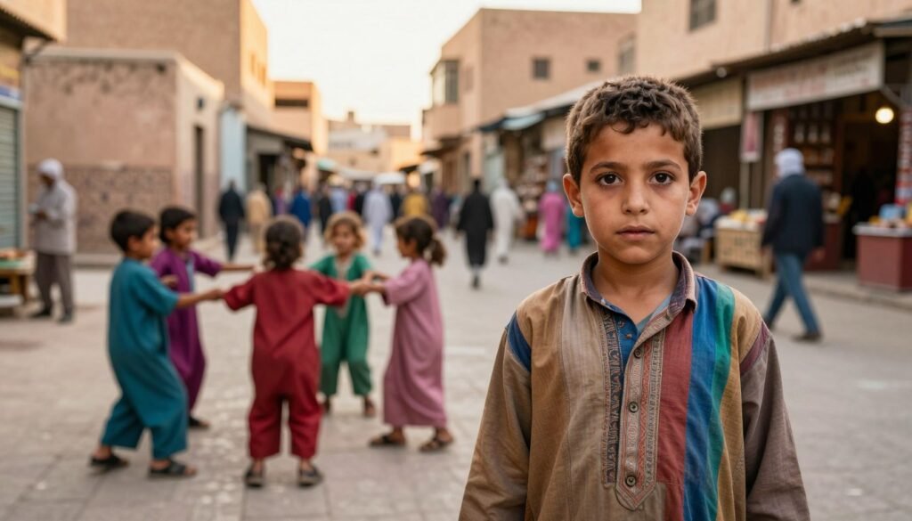 In a bustling Moroccan street, capture the essence of "Ali Zaoua: Prince of the Streets." Focus on a young boy with expressive eyes, dressed in modest and colorful clothing, standing confidently in the foreground. His face should reflect determination and hope, symbolizing resilience. In the middle ground, depict a vibrant group of children playing together, showcasing camaraderie and joy, while the backdrop reveals the lively Moroccan cityscape with textured walls and bustling markets under warm golden sunlight. Use a soft focus lens to paint a nostalgic atmosphere, emphasizing the warmth and vibrancy of the scene, with a slight depth of field to draw attention to the boy. The overall mood should evoke inspiration, resilience, and the spirit of childhood in urban Morocco. In a bustling Moroccan street, capture the essence of "Ali Zaoua: Prince of the Streets." Focus on a young boy with expressive eyes, dressed in modest and colorful clothing, standing confidently in the foreground. His face should reflect determination and hope, symbolizing resilience. In the middle ground, depict a vibrant group of children playing together, showcasing camaraderie and joy, while the backdrop reveals the lively Moroccan cityscape with textured walls and bustling markets under warm golden sunlight. Use a soft focus lens to paint a nostalgic atmosphere, emphasizing the warmth and vibrancy of the scene, with a slight depth of field to draw attention to the boy. The overall mood should evoke inspiration, resilience, and the spirit of childhood in urban Morocco.