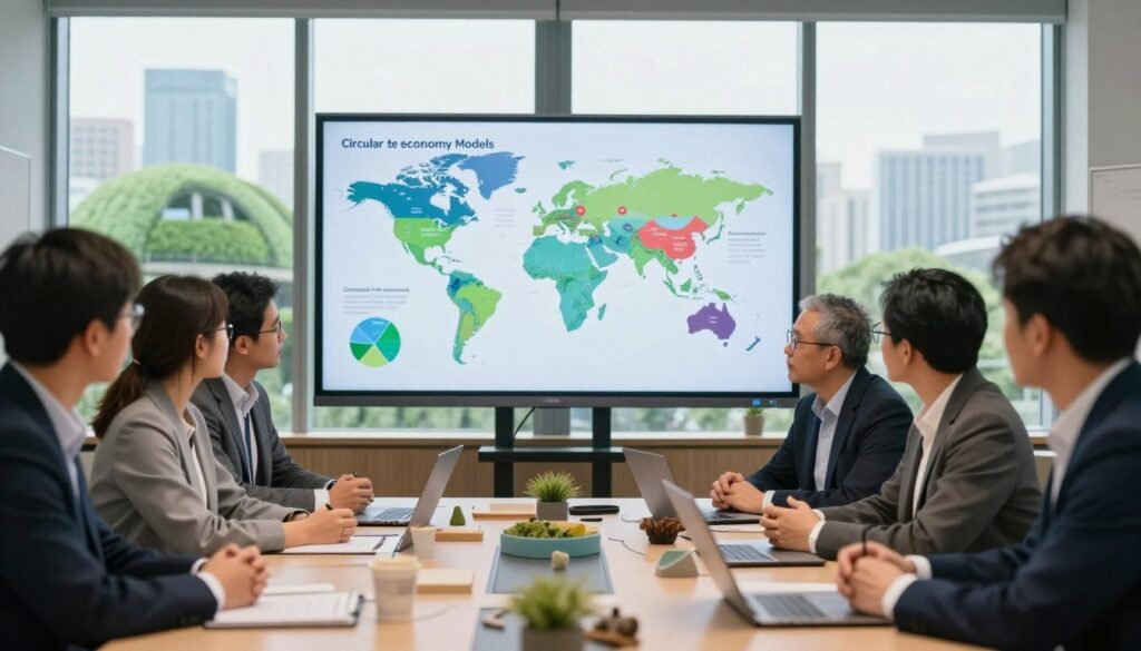 Visualize a modern conference room showcasing international circular economy models. In the foreground, a diverse group of professionals, dressed in business attire, engage in discussion around a table filled with sustainable materials and innovative prototypes. The middle ground features a large digital screen displaying colorful infographics related to successful circular economy case studies from around the world. In the background, large windows allow natural light to flood the room, revealing a cityscape with green rooftops, symbolic of sustainability. The atmosphere is collaborative and inspiring, emphasizing innovation and global cooperation in sustainable practices. Capture this scene with a subtle depth of field to draw focus on the individuals and the digital displays, conveying a sense of urgency for a sustainable future. Visualize a modern conference room showcasing international circular economy models. In the foreground, a diverse group of professionals, dressed in business attire, engage in discussion around a table filled with sustainable materials and innovative prototypes. The middle ground features a large digital screen displaying colorful infographics related to successful circular economy case studies from around the world. In the background, large windows allow natural light to flood the room, revealing a cityscape with green rooftops, symbolic of sustainability. The atmosphere is collaborative and inspiring, emphasizing innovation and global cooperation in sustainable practices. Capture this scene with a subtle depth of field to draw focus on the individuals and the digital displays, conveying a sense of urgency for a sustainable future.