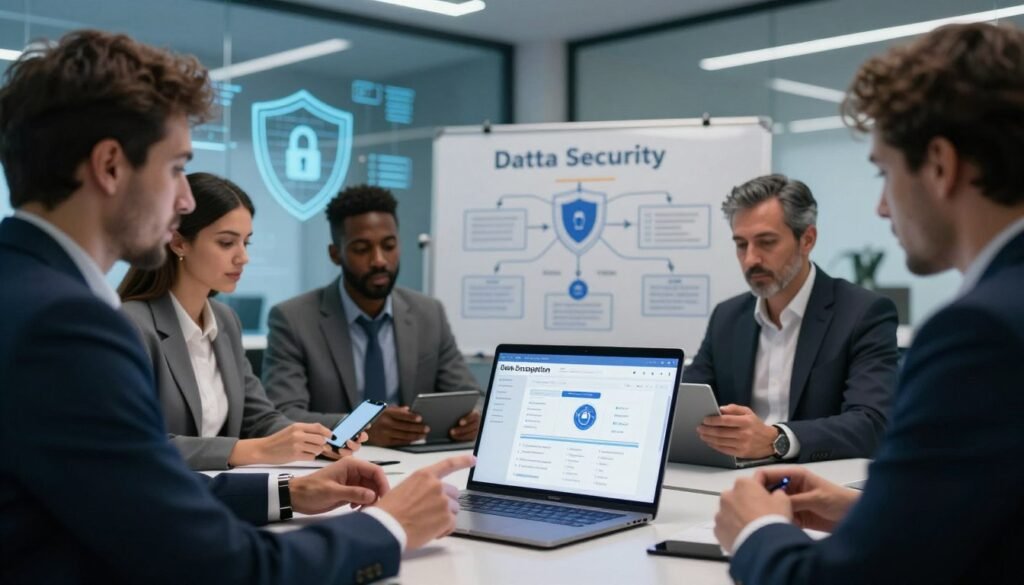 a professional office setting focused on data security measures. In the foreground, display a sleek, modern desk with a laptop showcasing a data encryption software interface. To the left, a diverse group of professionals in business attire (two men and one woman) engage in a discussion, pointing at the laptop while holding digital devices. In the middle ground, a whiteboard filled with diagrams of security protocols and data protection strategies. In the background, transparent screens displaying cybersecurity graphics, like shields and locks, with soft, ambient lighting to create a serious yet optimistic atmosphere. The scene suggests an active collaboration in enhancing personal data safety in Morocco. a professional office setting focused on data security measures. In the foreground, display a sleek, modern desk with a laptop showcasing a data encryption software interface. To the left, a diverse group of professionals in business attire (two men and one woman) engage in a discussion, pointing at the laptop while holding digital devices. In the middle ground, a whiteboard filled with diagrams of security protocols and data protection strategies. In the background, transparent screens displaying cybersecurity graphics, like shields and locks, with soft, ambient lighting to create a serious yet optimistic atmosphere. The scene suggests an active collaboration in enhancing personal data safety in Morocco.