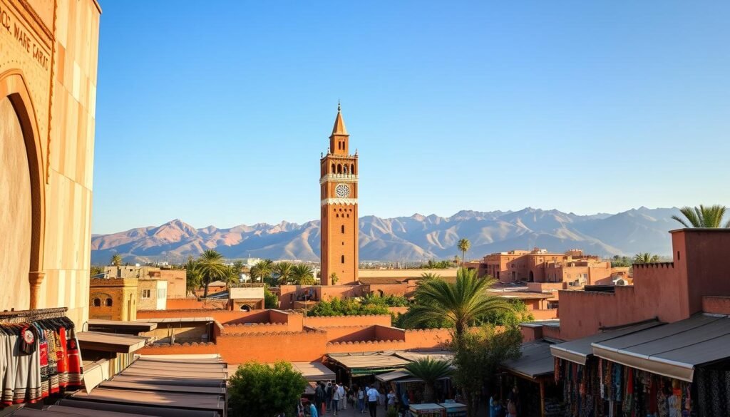 A UNESCO World Heritage Site in Morocco, showcasing the stunning and intricate architecture of the ancient city of Marrakech. In the foreground, vibrant souks filled with colorful textiles and artisanal crafts, brimming with life and cultural heritage. The middle ground features the majestic Koutoubia Mosque, its iconic minaret rising against a clear blue sky, surrounded by lush gardens. In the background, the Atlas Mountains provide a breathtaking backdrop, their peaks gently lit by the warm glow of the setting sun. The atmosphere is lively yet serene, evoking a sense of rich cultural history. Use soft, diffused lighting to enhance the warm tones of the scene, capturing the essence of Morocco's preserved heritage. The composition should be wide-angle, inviting the viewer into the depth of this captivating cultural landscape. A UNESCO World Heritage Site in Morocco, showcasing the stunning and intricate architecture of the ancient city of Marrakech. In the foreground, vibrant souks filled with colorful textiles and artisanal crafts, brimming with life and cultural heritage. The middle ground features the majestic Koutoubia Mosque, its iconic minaret rising against a clear blue sky, surrounded by lush gardens. In the background, the Atlas Mountains provide a breathtaking backdrop, their peaks gently lit by the warm glow of the setting sun. The atmosphere is lively yet serene, evoking a sense of rich cultural history. Use soft, diffused lighting to enhance the warm tones of the scene, capturing the essence of Morocco's preserved heritage. The composition should be wide-angle, inviting the viewer into the depth of this captivating cultural landscape.