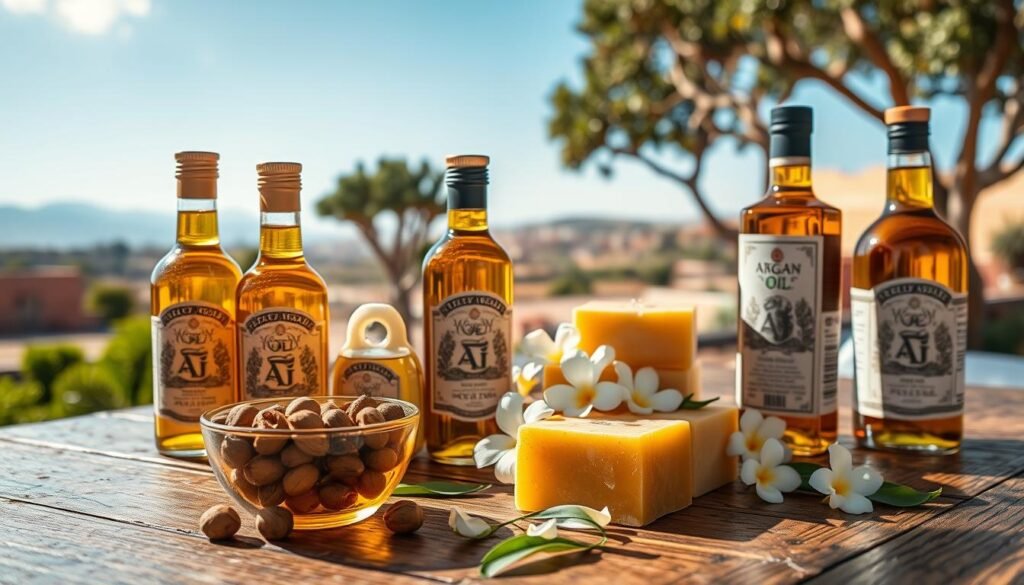 A beautifully arranged display of argan oil products on a wooden table, showcasing glass bottles of pure argan oil with intricate labels and packaging. In the foreground, include a small bowl of argan nuts and a few scattered leaves. The middle ground features artisan-crafted soaps made with argan oil, surrounded by delicate jasmine flowers. In the background, a soft-focus view of a Moroccan landscape, perhaps with traditional architecture and argan trees under a clear blue sky. Use natural lighting to create a warm, inviting atmosphere, enhancing the rich amber tones of the oil. Capture the essence of sustainability and local craftsmanship in a vibrant yet serene composition. A beautifully arranged display of argan oil products on a wooden table, showcasing glass bottles of pure argan oil with intricate labels and packaging. In the foreground, include a small bowl of argan nuts and a few scattered leaves. The middle ground features artisan-crafted soaps made with argan oil, surrounded by delicate jasmine flowers. In the background, a soft-focus view of a Moroccan landscape, perhaps with traditional architecture and argan trees under a clear blue sky. Use natural lighting to create a warm, inviting atmosphere, enhancing the rich amber tones of the oil. Capture the essence of sustainability and local craftsmanship in a vibrant yet serene composition.