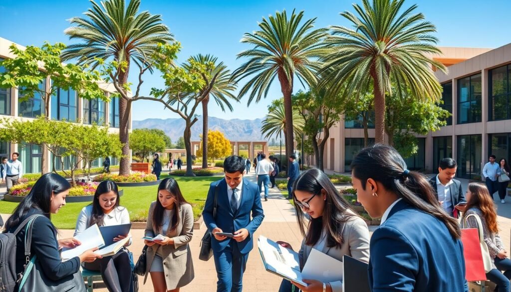 A bright and welcoming university environment, focusing on the "Université Mohammed VI des Sciences et de la Santé". In the foreground, a diverse group of students in professional business attire are engaged in discussion, working on laptops and surrounded by books. In the middle ground, the modern architecture of the university building features large windows and green spaces, with lush trees and flower beds creating a vibrant atmosphere. In the background, distant mountains are visible under a clear blue sky, adding to the serenity. Natural sunlight floods the scene, emphasizing an inviting and inspiring mood. The camera angle captures the bustling life on campus, reflecting a sense of community and academic vibrancy. A bright and welcoming university environment, focusing on the "Université Mohammed VI des Sciences et de la Santé". In the foreground, a diverse group of students in professional business attire are engaged in discussion, working on laptops and surrounded by books. In the middle ground, the modern architecture of the university building features large windows and green spaces, with lush trees and flower beds creating a vibrant atmosphere. In the background, distant mountains are visible under a clear blue sky, adding to the serenity. Natural sunlight floods the scene, emphasizing an inviting and inspiring mood. The camera angle captures the bustling life on campus, reflecting a sense of community and academic vibrancy.