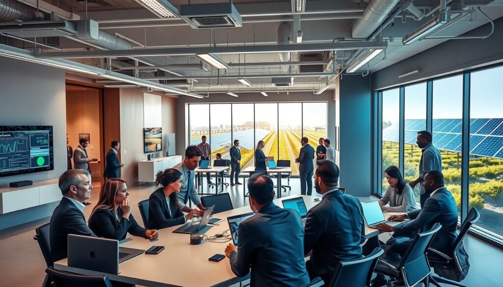 A bustling office environment at Sabtex in Morocco, showcasing innovative energy operations. In the foreground, a diverse team of professionals in business attire engage in a brainstorming session around a sleek conference table, with high-tech energy monitoring devices and digital screens displaying data analysis. The middle layer features an open workspace with employees collaborating, using laptops and interactive displays, while a large window reveals a solar panel field under bright natural light. In the background, abstract representations of energy flow and efficiency, highlighted with cool blue and green tones. The overall atmosphere is dynamic and forward-thinking, capturing the essence of progressive energy solutions and teamwork within a modern corporate setting. A bustling office environment at Sabtex in Morocco, showcasing innovative energy operations. In the foreground, a diverse team of professionals in business attire engage in a brainstorming session around a sleek conference table, with high-tech energy monitoring devices and digital screens displaying data analysis. The middle layer features an open workspace with employees collaborating, using laptops and interactive displays, while a large window reveals a solar panel field under bright natural light. In the background, abstract representations of energy flow and efficiency, highlighted with cool blue and green tones. The overall atmosphere is dynamic and forward-thinking, capturing the essence of progressive energy solutions and teamwork within a modern corporate setting.