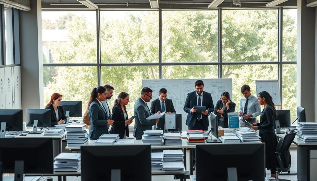 A busy administrative office environment representing the "Ministère de l’Éducation nationale, du Préscolaire et des Sports Maroc." In the foreground, a diverse group of professional individuals wearing business attire, engaged in discussions and analyzing documents. In the middle, modern desks equipped with computers, stacks of educational materials, and organizational charts. The background features large windows allowing natural light to flood the room, showcasing a view of lush greenery outside, symbolizing growth and education. The lighting is bright yet soft, creating a welcoming atmosphere. The overall mood is collaborative, emphasizing efficiency and professionalism in the administrative and logistical aspects of the ministry. The composition should be well-balanced, capturing a vibrant yet organized workspace. A busy administrative office environment representing the "Ministère de l’Éducation nationale, du Préscolaire et des Sports Maroc." In the foreground, a diverse group of professional individuals wearing business attire, engaged in discussions and analyzing documents. In the middle, modern desks equipped with computers, stacks of educational materials, and organizational charts. The background features large windows allowing natural light to flood the room, showcasing a view of lush greenery outside, symbolizing growth and education. The lighting is bright yet soft, creating a welcoming atmosphere. The overall mood is collaborative, emphasizing efficiency and professionalism in the administrative and logistical aspects of the ministry. The composition should be well-balanced, capturing a vibrant yet organized workspace.