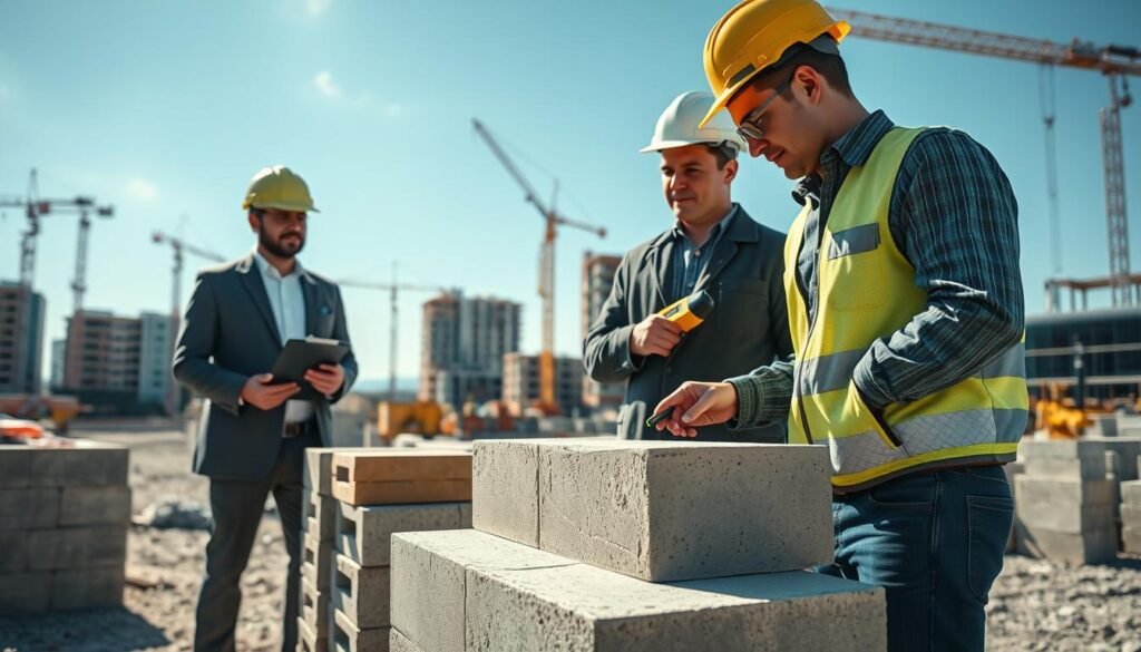 A close-up view of a team of three professional engineers inspecting durable concrete samples at a construction site, showcasing their expertise in quality control. In the foreground, one engineer in business attire holds a clipboard while the other two examine the texture of the concrete, using measuring tools. The middle ground features stacks of finished concrete blocks and tools used in the quality assessment process. The background displays a modern construction site with cranes and partially constructed buildings under a clear blue sky, symbolizing innovation and progress. The lighting is bright and natural, creating a sense of optimism and professionalism, while the overall mood conveys dedication to quality and durable construction methods. A close-up view of a team of three professional engineers inspecting durable concrete samples at a construction site, showcasing their expertise in quality control. In the foreground, one engineer in business attire holds a clipboard while the other two examine the texture of the concrete, using measuring tools. The middle ground features stacks of finished concrete blocks and tools used in the quality assessment process. The background displays a modern construction site with cranes and partially constructed buildings under a clear blue sky, symbolizing innovation and progress. The lighting is bright and natural, creating a sense of optimism and professionalism, while the overall mood conveys dedication to quality and durable construction methods.
