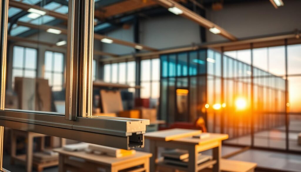 A close-up view of high-quality aluminum joinery, showcasing meticulous craftsmanship and modern design. In the foreground, display a sleek aluminum window frame with a clear view of its intricate details, such as smooth edges and polished surfaces. In the middle ground, illustrate a well-lit workshop environment, featuring tools and materials indicative of professional aluminum fabrication. In the background, include softly focused images of modern, durable buildings with large aluminum windows, bathed in warm, natural light during sunset. The atmosphere should convey a sense of innovation and commitment to sustainability, emphasizing the performance and aesthetic of aluminum joinery in contemporary architecture. The composition should utilize a wide angle to create depth and draw the viewer into the scene, ensuring no text or extraneous elements are present. A close-up view of high-quality aluminum joinery, showcasing meticulous craftsmanship and modern design. In the foreground, display a sleek aluminum window frame with a clear view of its intricate details, such as smooth edges and polished surfaces. In the middle ground, illustrate a well-lit workshop environment, featuring tools and materials indicative of professional aluminum fabrication. In the background, include softly focused images of modern, durable buildings with large aluminum windows, bathed in warm, natural light during sunset. The atmosphere should convey a sense of innovation and commitment to sustainability, emphasizing the performance and aesthetic of aluminum joinery in contemporary architecture. The composition should utilize a wide angle to create depth and draw the viewer into the scene, ensuring no text or extraneous elements are present.