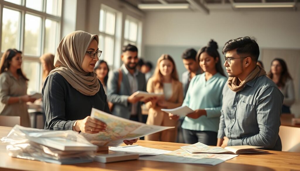 A compassionate scene depicting the mission of refugee protection, focusing on a diverse group of aid workers in a professional environment. In the foreground, a Middle-Eastern woman in modest business attire engages in conversation with a South Asian man wearing a formal shirt. They are surrounded by maps and resource guides on a table, emphasizing collaboration. In the middle ground, volunteers, including individuals of various ethnicities, assist refugees by distributing supplies and providing support. The background features a clean, modern office space with windows allowing natural light to flood in, creating a warm and inviting atmosphere. The lighting is soft and inspiring, reflecting hope and commitment to humanitarian efforts. The overall mood is one of teamwork and dedication to making a difference in the lives of refugees. A compassionate scene depicting the mission of refugee protection, focusing on a diverse group of aid workers in a professional environment. In the foreground, a Middle-Eastern woman in modest business attire engages in conversation with a South Asian man wearing a formal shirt. They are surrounded by maps and resource guides on a table, emphasizing collaboration. In the middle ground, volunteers, including individuals of various ethnicities, assist refugees by distributing supplies and providing support. The background features a clean, modern office space with windows allowing natural light to flood in, creating a warm and inviting atmosphere. The lighting is soft and inspiring, reflecting hope and commitment to humanitarian efforts. The overall mood is one of teamwork and dedication to making a difference in the lives of refugees.