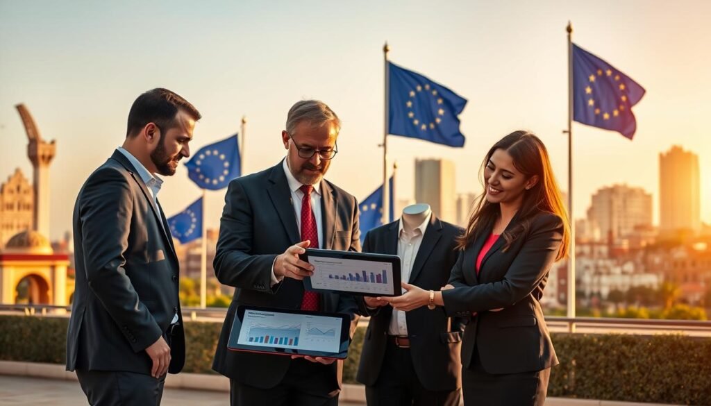 A contemporary scene depicting the economic relationship between the European Union and Morocco. In the foreground, a diverse group of four business professionals, two men and two women, dressed in smart business attire, are engaged in a discussion over a digital tablet displaying charts and graphs. The middle ground features an outdoor setting with iconic Moroccan architecture, like arches and mosaics, complemented by EU flags subtly waving. In the background, a vibrant cityscape symbolizes growth and collaboration, with modern buildings contrasting traditional Moroccan structures. Golden hour lighting casts a warm glow, enhancing the image’s hopeful and progressive atmosphere. The scene conveys a sense of teamwork and ambition, representing recent initiatives and contemporary developments in EU-Morocco relations. A contemporary scene depicting the economic relationship between the European Union and Morocco. In the foreground, a diverse group of four business professionals, two men and two women, dressed in smart business attire, are engaged in a discussion over a digital tablet displaying charts and graphs. The middle ground features an outdoor setting with iconic Moroccan architecture, like arches and mosaics, complemented by EU flags subtly waving. In the background, a vibrant cityscape symbolizes growth and collaboration, with modern buildings contrasting traditional Moroccan structures. Golden hour lighting casts a warm glow, enhancing the image’s hopeful and progressive atmosphere. The scene conveys a sense of teamwork and ambition, representing recent initiatives and contemporary developments in EU-Morocco relations.