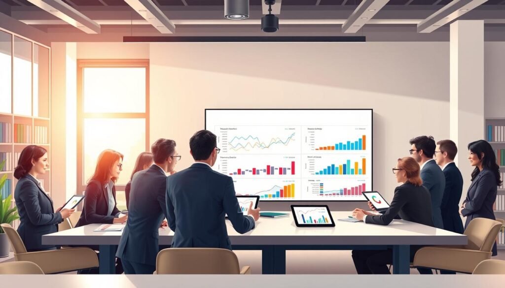 A detailed and engaging illustration of an electoral analysis meeting, centered in a modern office environment. In the foreground, a diverse group of professionals, dressed in smart business attire, are gathered around a large table. They are intently reviewing colorful graphs and charts that depict electoral results on digital tablets and a large wall screen. In the middle ground, a large window allows natural light to flood in, casting a warm glow on the scene. The background features shelves filled with books on political science and statistics, symbolizing research and knowledge. The atmosphere is focused and collaborative, suggesting a serious yet optimistic discussion about the results. The composition should employ wide-angle lens to capture the entire scene, with soft lighting to create an inviting ambiance. A detailed and engaging illustration of an electoral analysis meeting, centered in a modern office environment. In the foreground, a diverse group of professionals, dressed in smart business attire, are gathered around a large table. They are intently reviewing colorful graphs and charts that depict electoral results on digital tablets and a large wall screen. In the middle ground, a large window allows natural light to flood in, casting a warm glow on the scene. The background features shelves filled with books on political science and statistics, symbolizing research and knowledge. The atmosphere is focused and collaborative, suggesting a serious yet optimistic discussion about the results. The composition should employ wide-angle lens to capture the entire scene, with soft lighting to create an inviting ambiance.