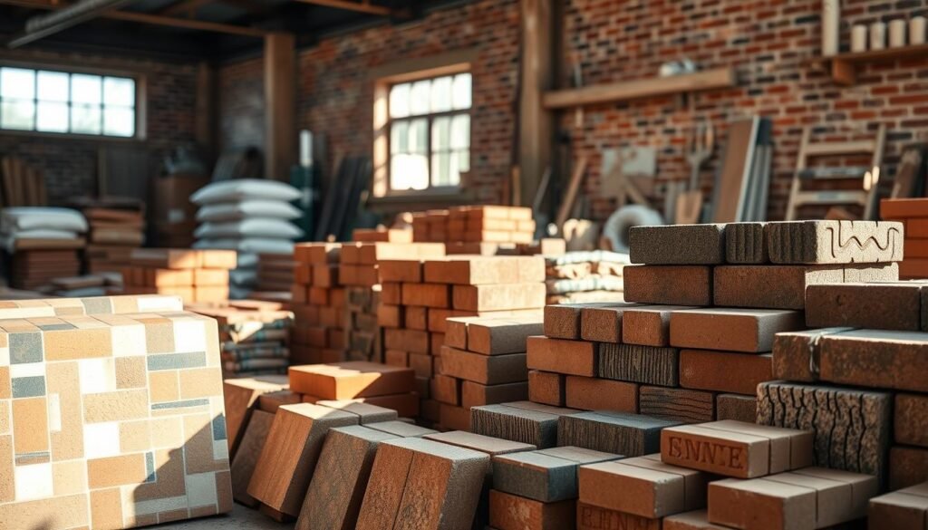 A detailed display of construction materials featuring a variety of bricks and tiles, arranged artistically in a well-lit workshop environment. In the foreground, showcase a selection of colorful ceramic tiles and robust clay bricks, highlighting their texture and patterns. The middle ground should include stacks of raw materials, including cement bags and construction tools, emphasizing the craftsmanship involved. In the background, softly blurred, show a brick wall under construction, capturing the process and context of material usage. Use natural daylight pouring in through windows, creating warm, inviting shadows that enhance the scene. Aim for an atmosphere of professionalism and innovation, representing sustainable building practices. The focus should be on materials, with no human figures present. A detailed display of construction materials featuring a variety of bricks and tiles, arranged artistically in a well-lit workshop environment. In the foreground, showcase a selection of colorful ceramic tiles and robust clay bricks, highlighting their texture and patterns. The middle ground should include stacks of raw materials, including cement bags and construction tools, emphasizing the craftsmanship involved. In the background, softly blurred, show a brick wall under construction, capturing the process and context of material usage. Use natural daylight pouring in through windows, creating warm, inviting shadows that enhance the scene. Aim for an atmosphere of professionalism and innovation, representing sustainable building practices. The focus should be on materials, with no human figures present.
