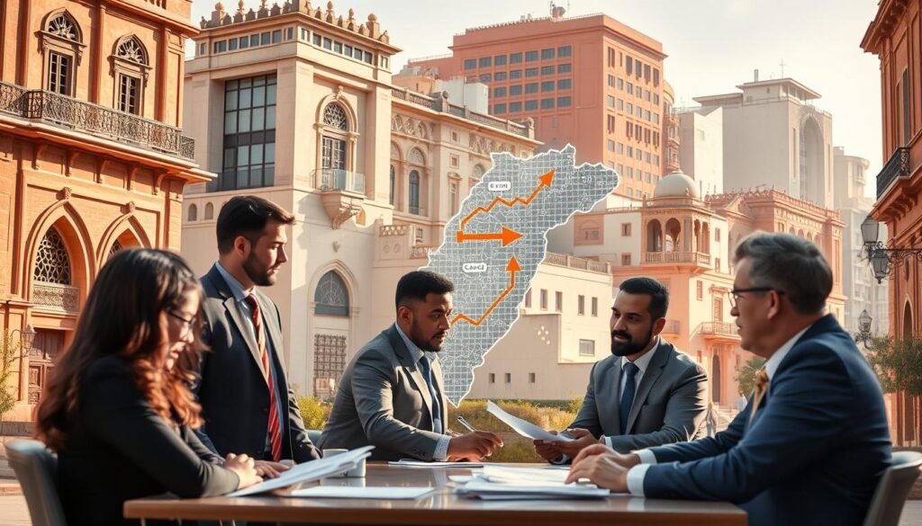 A detailed, dynamic scene depicting economic reforms and structural adjustments in Morocco. In the foreground, diverse professionals in business attire engage in discussion around documents and graphs, displaying a sense of collaboration. The middle layer features a large digital map of Morocco with economic symbols like arrows and currency signs to illustrate liberalization and structural adjustment. In the background, iconic Moroccan architecture blends with modern buildings, symbolizing the intersection of tradition and progress. Soft, natural lighting illuminates the scene, creating a hopeful and ambitious atmosphere, while a slightly angled perspective enhances depth. The overall mood conveys determination and teamwork in navigating economic change. A detailed, dynamic scene depicting economic reforms and structural adjustments in Morocco. In the foreground, diverse professionals in business attire engage in discussion around documents and graphs, displaying a sense of collaboration. The middle layer features a large digital map of Morocco with economic symbols like arrows and currency signs to illustrate liberalization and structural adjustment. In the background, iconic Moroccan architecture blends with modern buildings, symbolizing the intersection of tradition and progress. Soft, natural lighting illuminates the scene, creating a hopeful and ambitious atmosphere, while a slightly angled perspective enhances depth. The overall mood conveys determination and teamwork in navigating economic change.
