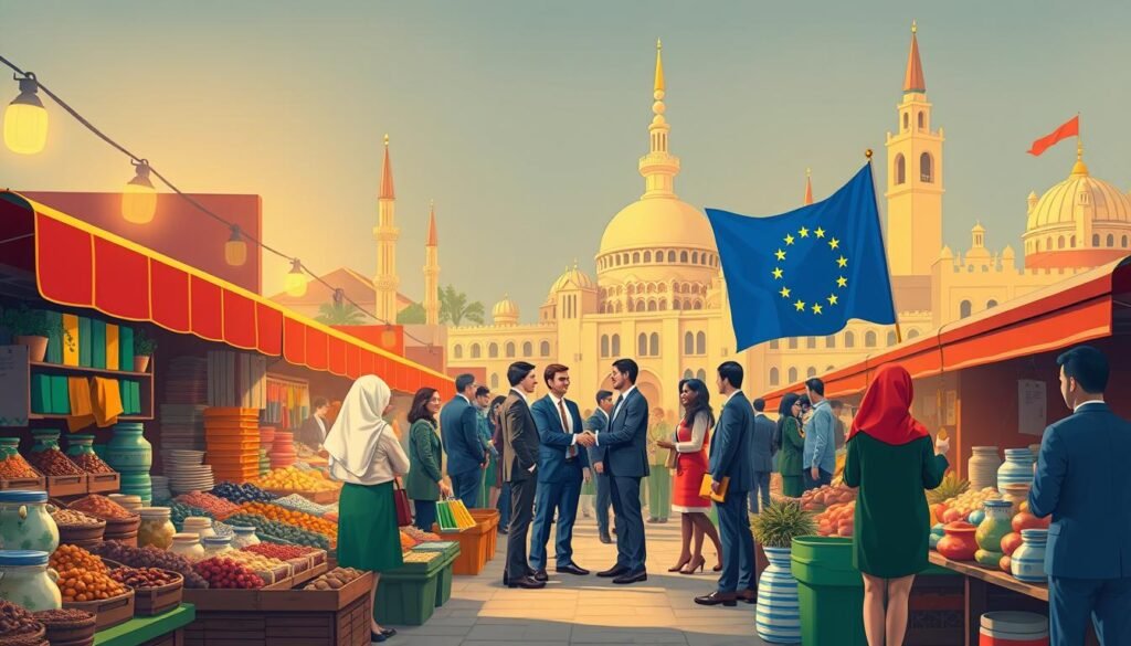 A detailed illustration depicting the trade relationship between the European Union and Morocco, featuring a bustling market scene in the foreground with vibrant stalls showcasing Moroccan goods such as spices, textiles, and ceramics. In the middle ground, a diverse group of businesspeople in professional attire, including Moroccan and European individuals, engage in discussions and handshakes, symbolizing collaboration and exchange. In the background, iconic landmarks from both regions, like the Hassan II Mosque and the European Parliament building, blend harmoniously. Soft, warm lighting enhances the atmosphere, giving the scene a sense of optimism and partnership. The angle should capture this lively interaction, focusing on the dynamic exchange of goods and ideas. A detailed illustration depicting the trade relationship between the European Union and Morocco, featuring a bustling market scene in the foreground with vibrant stalls showcasing Moroccan goods such as spices, textiles, and ceramics. In the middle ground, a diverse group of businesspeople in professional attire, including Moroccan and European individuals, engage in discussions and handshakes, symbolizing collaboration and exchange. In the background, iconic landmarks from both regions, like the Hassan II Mosque and the European Parliament building, blend harmoniously. Soft, warm lighting enhances the atmosphere, giving the scene a sense of optimism and partnership. The angle should capture this lively interaction, focusing on the dynamic exchange of goods and ideas.