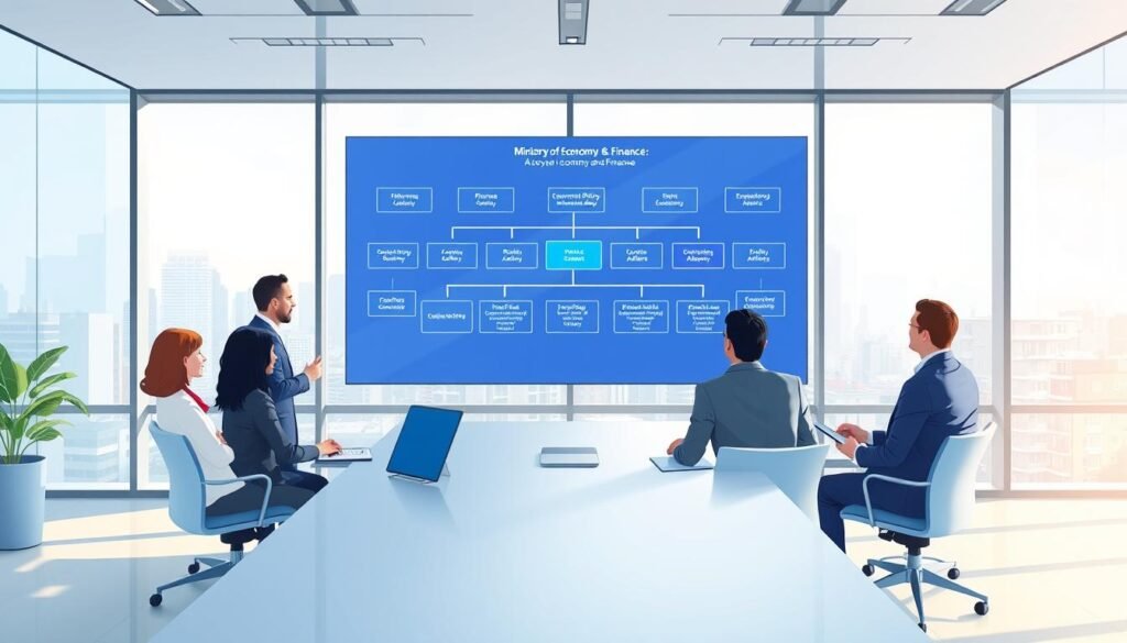 A detailed illustration of the organizational structure of the Ministry of Economy and Finance. In the foreground, depict a modern conference room with a sleek table and professional elements, showing a diverse group of professionals in business attire engaging in discussion. In the middle ground, visualize a large digital screen displaying a flowchart of the ministry's departments, including sections like finance, economic policy, and international affairs. In the background, large windows reveal a cityscape, symbolizing economic growth and connectivity. Soft, natural lighting filters through the windows, creating a productive and collaborative atmosphere. Aim for a polished, professional look with a clear focus on teamwork and structure, emphasizing clarity in the depiction of the ministry's hierarchy and organization. A detailed illustration of the organizational structure of the Ministry of Economy and Finance. In the foreground, depict a modern conference room with a sleek table and professional elements, showing a diverse group of professionals in business attire engaging in discussion. In the middle ground, visualize a large digital screen displaying a flowchart of the ministry's departments, including sections like finance, economic policy, and international affairs. In the background, large windows reveal a cityscape, symbolizing economic growth and connectivity. Soft, natural lighting filters through the windows, creating a productive and collaborative atmosphere. Aim for a polished, professional look with a clear focus on teamwork and structure, emphasizing clarity in the depiction of the ministry's hierarchy and organization.