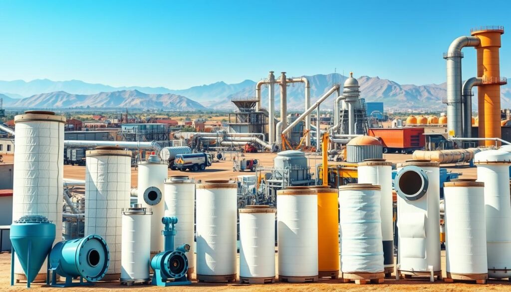 A detailed illustration of various types of industrial bag filters showcasing their applications in Morocco. In the foreground, feature several bag filters in different designs, highlighting their filtering capabilities. In the middle ground, depict diverse industrial settings where these filters are utilized, such as chemical plants and manufacturing facilities, with machinery and workers in professional attire operating them. The background should feature a Moroccan industrial landscape, with a clear blue sky and distant mountains, symbolizing the regional context. Use bright, natural lighting to enhance the clarity of the image, capturing a sense of innovation and efficiency. The angle should focus slightly above eye level to provide depth, emphasizing the scale and importance of bag filtration systems in industrial applications. A detailed illustration of various types of industrial bag filters showcasing their applications in Morocco. In the foreground, feature several bag filters in different designs, highlighting their filtering capabilities. In the middle ground, depict diverse industrial settings where these filters are utilized, such as chemical plants and manufacturing facilities, with machinery and workers in professional attire operating them. The background should feature a Moroccan industrial landscape, with a clear blue sky and distant mountains, symbolizing the regional context. Use bright, natural lighting to enhance the clarity of the image, capturing a sense of innovation and efficiency. The angle should focus slightly above eye level to provide depth, emphasizing the scale and importance of bag filtration systems in industrial applications.