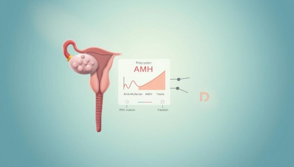A detailed medical illustration representing polycystic ovary syndrome (PCOS). In the foreground, a diagram of a healthy ovary juxtaposed with a polycystic ovary, clearly illustrating multiple cysts and hormonal imbalances. In the middle, a scientific chart displaying levels of Anti-Müllerian Hormone (AMH) and its connection to PCOS, highlighted with clear labels and arrows. The background should consist of a soft, muted gradient in calming blues and greens to evoke a sense of professionalism and peace. Use soft, diffused lighting to enhance the clarity of the anatomical details, focusing the viewer's attention on the central elements, with a slight depth of field to create a three-dimensional effect. No text or watermarks should be present. A detailed medical illustration representing polycystic ovary syndrome (PCOS). In the foreground, a diagram of a healthy ovary juxtaposed with a polycystic ovary, clearly illustrating multiple cysts and hormonal imbalances. In the middle, a scientific chart displaying levels of Anti-Müllerian Hormone (AMH) and its connection to PCOS, highlighted with clear labels and arrows. The background should consist of a soft, muted gradient in calming blues and greens to evoke a sense of professionalism and peace. Use soft, diffused lighting to enhance the clarity of the anatomical details, focusing the viewer's attention on the central elements, with a slight depth of field to create a three-dimensional effect. No text or watermarks should be present.