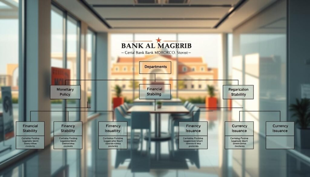 A detailed organizational chart representing the structure of the Central Bank of Morocco, Bank Al-Maghrib. In the foreground, include various departments depicted with defined boxes and lines connecting them, featuring titles like "Monetary Policy," "Financial Stability," and "Currency Issuance" in a professional style. In the middle layer, a sleek, modern office environment with subtle Moroccan design elements, such as patterned tiles and warm colors, providing a cultural touch. The background should showcase an inspiring view of the bank's distinctive architectural features, hinting at its role in the Moroccan economy. Soft, natural lighting illuminates the scene, creating a professional and engaging atmosphere, captured from a slightly elevated angle for a comprehensive view. No text or overlays present. A detailed organizational chart representing the structure of the Central Bank of Morocco, Bank Al-Maghrib. In the foreground, include various departments depicted with defined boxes and lines connecting them, featuring titles like "Monetary Policy," "Financial Stability," and "Currency Issuance" in a professional style. In the middle layer, a sleek, modern office environment with subtle Moroccan design elements, such as patterned tiles and warm colors, providing a cultural touch. The background should showcase an inspiring view of the bank's distinctive architectural features, hinting at its role in the Moroccan economy. Soft, natural lighting illuminates the scene, creating a professional and engaging atmosphere, captured from a slightly elevated angle for a comprehensive view. No text or overlays present.