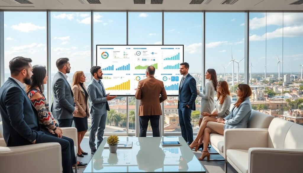 A detailed visual comparison of prominent electricity sector players in Morocco, featuring a modern office environment. In the foreground, a well-dressed diverse group of professionals, including men and women of various ethnic backgrounds, engaged in a discussion around a large interactive digital screen displaying graphs, charts, and data on energy production and consumption. The middle ground features sleek office furniture and a large window showcasing a bright sky and cityscape. The background depicts a bustling urban landscape with solar panels and wind turbines dotted in the distance, reflecting renewable energy sources. The lighting is bright and professional, with a focus on the digital screen, creating an atmosphere of collaboration and innovation. The image should feel dynamic, modern, and informative, with no text or distractions. A detailed visual comparison of prominent electricity sector players in Morocco, featuring a modern office environment. In the foreground, a well-dressed diverse group of professionals, including men and women of various ethnic backgrounds, engaged in a discussion around a large interactive digital screen displaying graphs, charts, and data on energy production and consumption. The middle ground features sleek office furniture and a large window showcasing a bright sky and cityscape. The background depicts a bustling urban landscape with solar panels and wind turbines dotted in the distance, reflecting renewable energy sources. The lighting is bright and professional, with a focus on the digital screen, creating an atmosphere of collaboration and innovation. The image should feel dynamic, modern, and informative, with no text or distractions.