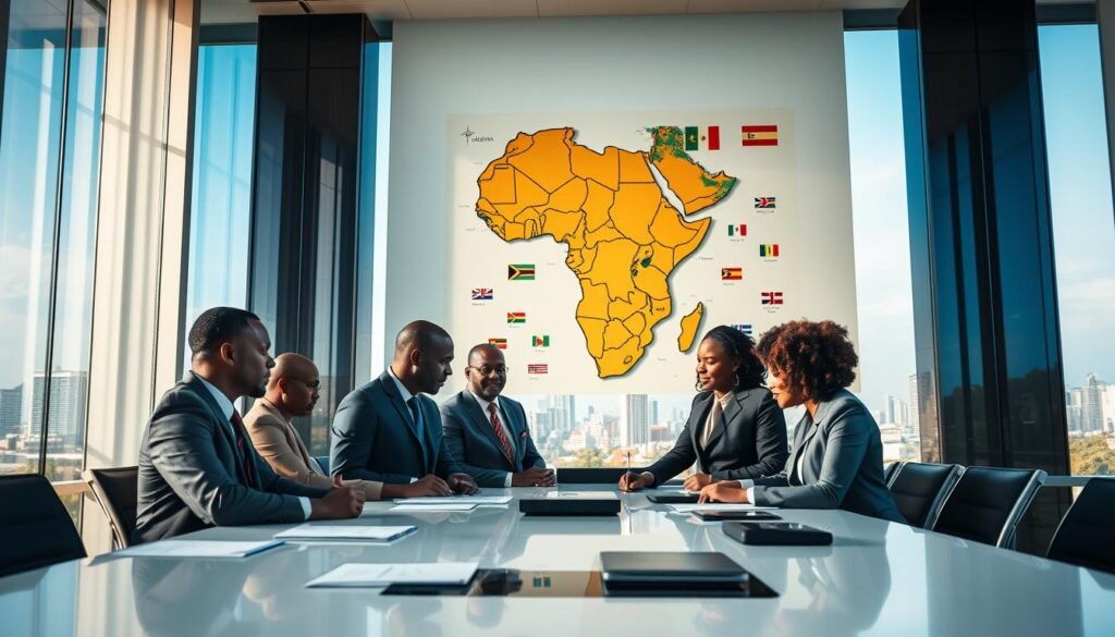 A diplomatic scene capturing the essence of the African Union's political dimension in a strikingly modern context. In the foreground, a diverse group of five men and women dressed in professional business attire, engaged in a serious discussion, with documents and digital devices scattered on a sleek conference table. The middle ground features a large, ornate map of Africa on the wall, highlighting key political regions and flags of member countries. In the background, tall windows reveal a vibrant cityscape against a clear blue sky, symbolizing hope and progress. Soft, natural lighting enhances the scene, creating a warm yet authoritative atmosphere. The angle is slightly elevated, providing a comprehensive view of the interaction and the influential backdrop, evoking a sense of collaboration and strategic dialogue. A diplomatic scene capturing the essence of the African Union's political dimension in a strikingly modern context. In the foreground, a diverse group of five men and women dressed in professional business attire, engaged in a serious discussion, with documents and digital devices scattered on a sleek conference table. The middle ground features a large, ornate map of Africa on the wall, highlighting key political regions and flags of member countries. In the background, tall windows reveal a vibrant cityscape against a clear blue sky, symbolizing hope and progress. Soft, natural lighting enhances the scene, creating a warm yet authoritative atmosphere. The angle is slightly elevated, providing a comprehensive view of the interaction and the influential backdrop, evoking a sense of collaboration and strategic dialogue.