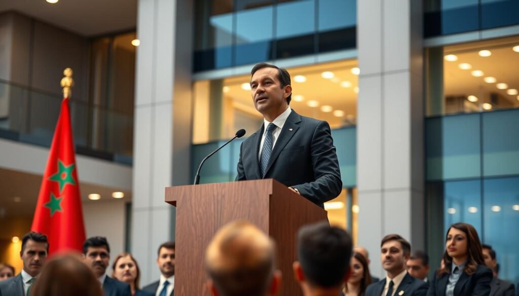 A distinguished male figure, the Premier Président of the Cour des comptes in Morocco, stands confidently at a modern podium, delivering a speech. He is dressed in a sharp, tailored suit, symbolizing professionalism and authority. The background features a contemporary government building, with the Moroccan flag prominently displayed. Soft, warm lighting casts a positive glow, creating an atmosphere of transparency and trust. In the foreground, a diverse audience of professionals in business attire listens attentively, reflecting a commitment to public finance. The camera angle is slightly elevated, capturing the speaker’s engagement with the public while ensuring the focus remains on his passionate expression and the emblematic setting of accountability and governance. A distinguished male figure, the Premier Président of the Cour des comptes in Morocco, stands confidently at a modern podium, delivering a speech. He is dressed in a sharp, tailored suit, symbolizing professionalism and authority. The background features a contemporary government building, with the Moroccan flag prominently displayed. Soft, warm lighting casts a positive glow, creating an atmosphere of transparency and trust. In the foreground, a diverse audience of professionals in business attire listens attentively, reflecting a commitment to public finance. The camera angle is slightly elevated, capturing the speaker’s engagement with the public while ensuring the focus remains on his passionate expression and the emblematic setting of accountability and governance.