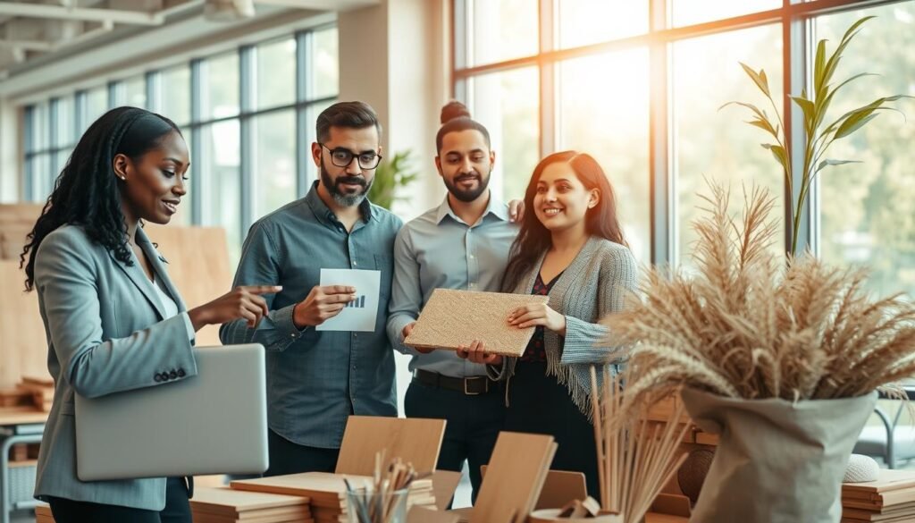 A diverse group of local experts and partners stands in a collaborative meeting, engaged in a discussion about sustainable materials. In the foreground, a Black woman in a smart business outfit points at a chart on a laptop, while a Middle-Eastern man in a casual but professional shirt, takes notes. In the middle, a South Asian woman gestures to a sample of eco-friendly building material, showcasing its texture to the group. Surrounding them are plenty of materials—wood, bamboo, and fabric—symbolizing the value chain in sustainable construction. The background features a modern office setting with large windows allowing warm, natural light to fill the room, creating an optimistic and focused atmosphere. The composition uses a slightly elevated angle to convey a sense of collaboration and innovation. A diverse group of local experts and partners stands in a collaborative meeting, engaged in a discussion about sustainable materials. In the foreground, a Black woman in a smart business outfit points at a chart on a laptop, while a Middle-Eastern man in a casual but professional shirt, takes notes. In the middle, a South Asian woman gestures to a sample of eco-friendly building material, showcasing its texture to the group. Surrounding them are plenty of materials—wood, bamboo, and fabric—symbolizing the value chain in sustainable construction. The background features a modern office setting with large windows allowing warm, natural light to fill the room, creating an optimistic and focused atmosphere. The composition uses a slightly elevated angle to convey a sense of collaboration and innovation.