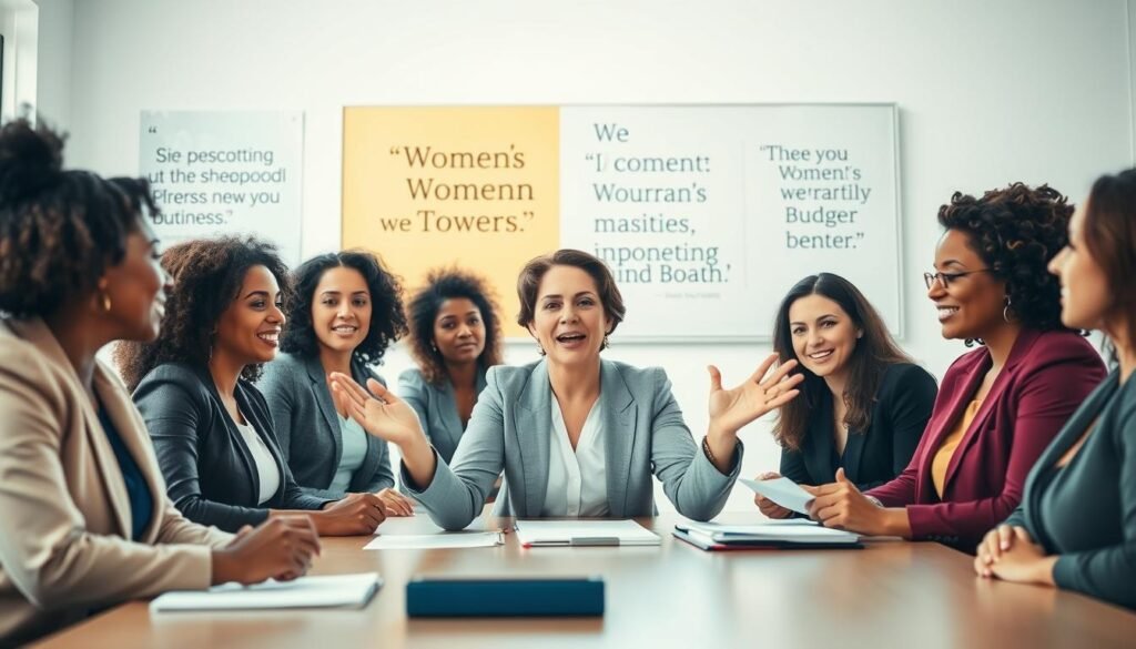 A diverse group of women, representing various ethnicities, engages in a collaborative discussion around a conference table. They are dressed in professional business attire, exuding confidence and determination. In the foreground, a woman passionately gestures as she shares her ideas, while others listen attentively, taking notes. The middle ground features a large window with sunlight pouring in, illuminating the scene and creating a warm, inviting atmosphere. Behind them, a bulletin board showcases inspirational quotes about women's empowerment and social progress. The overall mood is one of unity and strength, with soft, natural lighting highlighting the women's expressions of focus and aspiration. The angle captures the interaction dynamically, conveying a sense of purpose and action toward social change. A diverse group of women, representing various ethnicities, engages in a collaborative discussion around a conference table. They are dressed in professional business attire, exuding confidence and determination. In the foreground, a woman passionately gestures as she shares her ideas, while others listen attentively, taking notes. The middle ground features a large window with sunlight pouring in, illuminating the scene and creating a warm, inviting atmosphere. Behind them, a bulletin board showcases inspirational quotes about women's empowerment and social progress. The overall mood is one of unity and strength, with soft, natural lighting highlighting the women's expressions of focus and aspiration. The angle captures the interaction dynamically, conveying a sense of purpose and action toward social change.