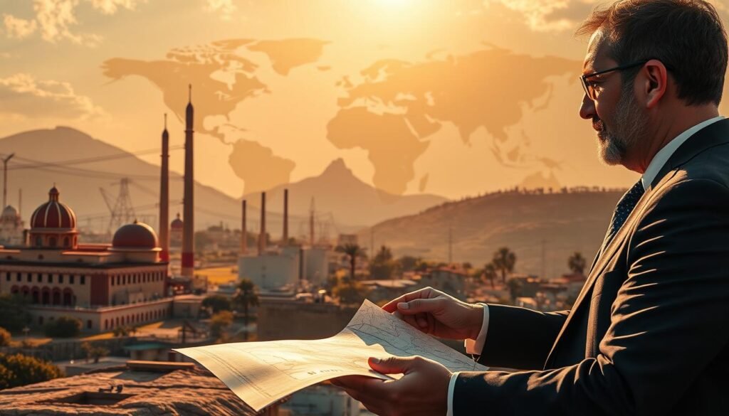 A dramatic geopolitical landscape depicting Morocco's nuclear strategic implications. In the foreground, a professional figure dressed in business attire engages in discussion, holding a map with nuclear sites marked. In the middle ground, iconic Moroccan architecture juxtaposes with symbols of nuclear power—power plants and atomic models. The background features a subtle global map, highlighting geopolitics with outlines of continents and arrows indicating strategic alliances. The lighting is golden hour, casting dynamic shadows that enhance the scene's intensity. The overall mood is serious and contemplative, reflecting the weight of nuclear decisions. Use a wide-angle lens to capture the expansive environment, emphasizing the importance of Morocco's role in the global nuclear landscape. A dramatic geopolitical landscape depicting Morocco's nuclear strategic implications. In the foreground, a professional figure dressed in business attire engages in discussion, holding a map with nuclear sites marked. In the middle ground, iconic Moroccan architecture juxtaposes with symbols of nuclear power—power plants and atomic models. The background features a subtle global map, highlighting geopolitics with outlines of continents and arrows indicating strategic alliances. The lighting is golden hour, casting dynamic shadows that enhance the scene's intensity. The overall mood is serious and contemplative, reflecting the weight of nuclear decisions. Use a wide-angle lens to capture the expansive environment, emphasizing the importance of Morocco's role in the global nuclear landscape.