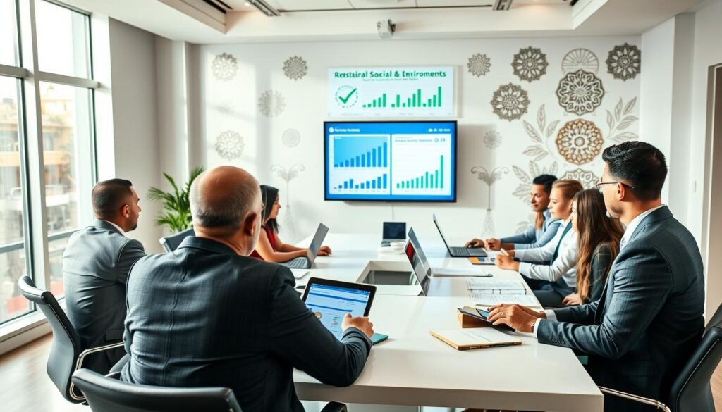 A dynamic and engaging scene showcasing the economic, social, and environmental council of Morocco at work. In the foreground, a diverse group of professionals in business attire are seated around a modern conference table, attentively discussing key policies, with documents and laptops open before them. The middle ground features a large screen displaying graphs and sustainability initiatives, while a wall adorned with Moroccan cultural motifs enhances the atmosphere. In the background, soft natural light filters through large windows, illuminating the room and creating a collaborative ambiance. The focus is on teamwork and strategic planning, conveying a mood of professionalism, dedication, and forward-thinking in shaping Morocco's economic future. A dynamic and engaging scene showcasing the economic, social, and environmental council of Morocco at work. In the foreground, a diverse group of professionals in business attire are seated around a modern conference table, attentively discussing key policies, with documents and laptops open before them. The middle ground features a large screen displaying graphs and sustainability initiatives, while a wall adorned with Moroccan cultural motifs enhances the atmosphere. In the background, soft natural light filters through large windows, illuminating the room and creating a collaborative ambiance. The focus is on teamwork and strategic planning, conveying a mood of professionalism, dedication, and forward-thinking in shaping Morocco's economic future.