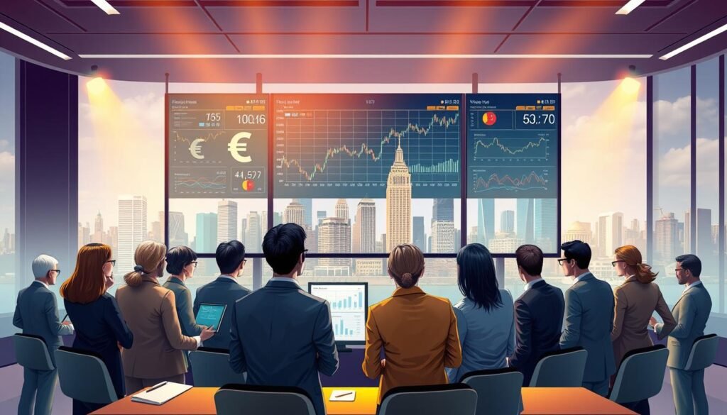 A dynamic and informative illustration representing the concept of "floating exchange rates" in the international monetary system. In the foreground, a diverse group of professional individuals in business attire, engaged in a conference setting, reviewing charts and graphs displaying currency fluctuations. The middle layer features large screens with complex financial data and currency symbols interweaving. In the background, a city skyline that includes a mix of modern and historical architecture, symbolizing global finance institutions. The lighting is soft and professional, casting a warm glow over the scene, evoking a mood of collaboration and focus. A wide-angle view captures the bustling atmosphere, emphasizing the importance of financial stability in a globalized economy. A dynamic and informative illustration representing the concept of "floating exchange rates" in the international monetary system. In the foreground, a diverse group of professional individuals in business attire, engaged in a conference setting, reviewing charts and graphs displaying currency fluctuations. The middle layer features large screens with complex financial data and currency symbols interweaving. In the background, a city skyline that includes a mix of modern and historical architecture, symbolizing global finance institutions. The lighting is soft and professional, casting a warm glow over the scene, evoking a mood of collaboration and focus. A wide-angle view captures the bustling atmosphere, emphasizing the importance of financial stability in a globalized economy.