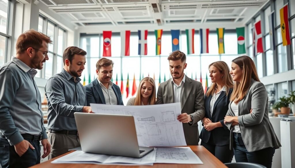 A dynamic and inspiring scene depicting international cooperation among engineers at a modern educational institution. In the foreground, a diverse group of professional engineers, both men and women, dressed in business attire, engage in a collaborative discussion over a high-tech laptop and engineering blueprint. The middle ground features a bright, spacious classroom with large windows, filled with engineering charts and models, symbolizing innovation and creativity. In the background, flags from various countries hang from the walls, representing global partnerships. The lighting is soft and natural, creating a warm atmosphere, with a focus on teamwork and learning. The perspective is slightly angled to capture the energy of the interaction, emphasizing the theme of international collaboration in engineering education. A dynamic and inspiring scene depicting international cooperation among engineers at a modern educational institution. In the foreground, a diverse group of professional engineers, both men and women, dressed in business attire, engage in a collaborative discussion over a high-tech laptop and engineering blueprint. The middle ground features a bright, spacious classroom with large windows, filled with engineering charts and models, symbolizing innovation and creativity. In the background, flags from various countries hang from the walls, representing global partnerships. The lighting is soft and natural, creating a warm atmosphere, with a focus on teamwork and learning. The perspective is slightly angled to capture the energy of the interaction, emphasizing the theme of international collaboration in engineering education.