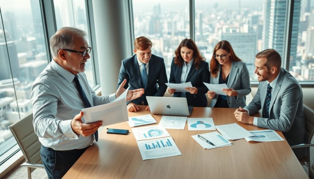 A dynamic business meeting focused on public tender processes, showcasing a diverse group of professionals in formal business attire gathered around a large conference table. In the foreground, a middle-aged man gestures animatedly while presenting documents. The middle section features a diverse team, including a woman meticulously reviewing a proposal on her laptop, while another colleague takes notes. In the background, floor-to-ceiling windows reveal a bustling cityscape, with natural light flooding the room, creating a bright and optimistic atmosphere. Subtle details, like charts and tender documentation scattered across the table, enhance the authenticity of the scene. The angle is slightly elevated, capturing the interaction and engagement among the team, conveying a sense of urgency and collaboration in the tender process. A dynamic business meeting focused on public tender processes, showcasing a diverse group of professionals in formal business attire gathered around a large conference table. In the foreground, a middle-aged man gestures animatedly while presenting documents. The middle section features a diverse team, including a woman meticulously reviewing a proposal on her laptop, while another colleague takes notes. In the background, floor-to-ceiling windows reveal a bustling cityscape, with natural light flooding the room, creating a bright and optimistic atmosphere. Subtle details, like charts and tender documentation scattered across the table, enhance the authenticity of the scene. The angle is slightly elevated, capturing the interaction and engagement among the team, conveying a sense of urgency and collaboration in the tender process.