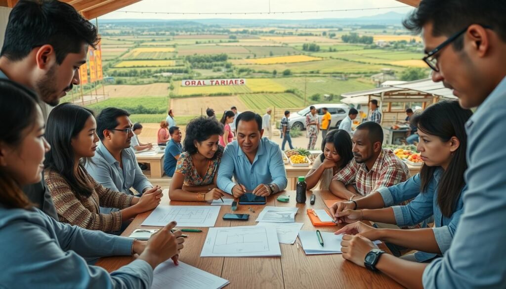 A dynamic, collaborative scene depicting innovation in local development. In the foreground, a diverse group of professionals in business attire are engaged in a brainstorming session around a wooden table, featuring sketches, digital devices, and local products. In the middle ground, an inspiring workshop filled with community members participating in interactive training sessions, showcasing traditional crafts and modern techniques, with vivid banners displaying local heritage. The background reveals a vibrant landscape with fields and a small market highlighting local produce. Use soft, natural lighting to create a warm, inviting atmosphere with a focus on teamwork and creativity, shot with a wide-angle lens to capture the depth of the scene. A dynamic, collaborative scene depicting innovation in local development. In the foreground, a diverse group of professionals in business attire are engaged in a brainstorming session around a wooden table, featuring sketches, digital devices, and local products. In the middle ground, an inspiring workshop filled with community members participating in interactive training sessions, showcasing traditional crafts and modern techniques, with vivid banners displaying local heritage. The background reveals a vibrant landscape with fields and a small market highlighting local produce. Use soft, natural lighting to create a warm, inviting atmosphere with a focus on teamwork and creativity, shot with a wide-angle lens to capture the depth of the scene.
