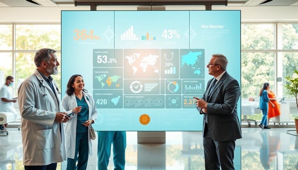 A dynamic healthcare scene set in a modern Moroccan hospital. In the foreground, a diverse group of healthcare professionals - a doctor in a white coat, a nurse in scrubs, and an administrator in a business suit - engage in a discussion, highlighting collaboration within the healthcare system. The middle ground features a large, transparent digital screen displaying health statistics, maps, and infographics relevant to the Moroccan health sector. The background includes a contemporary hospital setting with patients, medical equipment, and greenery visible through large windows, symbolizing hope and healing. The lighting is bright and warm, evoking a feeling of professionalism and optimism. The perspective is slightly above eye level, focusing on the interaction among the professionals while maintaining the environment's depth and context. A dynamic healthcare scene set in a modern Moroccan hospital. In the foreground, a diverse group of healthcare professionals - a doctor in a white coat, a nurse in scrubs, and an administrator in a business suit - engage in a discussion, highlighting collaboration within the healthcare system. The middle ground features a large, transparent digital screen displaying health statistics, maps, and infographics relevant to the Moroccan health sector. The background includes a contemporary hospital setting with patients, medical equipment, and greenery visible through large windows, symbolizing hope and healing. The lighting is bright and warm, evoking a feeling of professionalism and optimism. The perspective is slightly above eye level, focusing on the interaction among the professionals while maintaining the environment's depth and context.