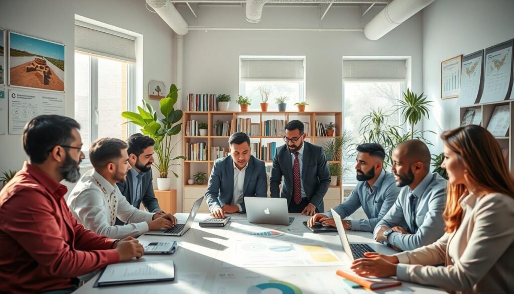 A dynamic office environment showcasing Moroccan business professionals engaged in a brainstorming session. In the foreground, a diverse group of men and women wearing professional attire, discussing around a large table filled with charts and laptops. In the middle, bright windows allowing natural sunlight to illuminate the room, creating a warm and inviting atmosphere. On the walls, illustrations of Moroccan landscapes and infographics related to corporate social responsibility. In the background, bookshelves filled with business literature and plants adding a touch of nature. The mood is collaborative and inspiring, emphasizing the commitment of Moroccan enterprises to social responsibility and sustainable practices. The perspective should be slightly elevated, capturing the energy and interaction among the individuals. A dynamic office environment showcasing Moroccan business professionals engaged in a brainstorming session. In the foreground, a diverse group of men and women wearing professional attire, discussing around a large table filled with charts and laptops. In the middle, bright windows allowing natural sunlight to illuminate the room, creating a warm and inviting atmosphere. On the walls, illustrations of Moroccan landscapes and infographics related to corporate social responsibility. In the background, bookshelves filled with business literature and plants adding a touch of nature. The mood is collaborative and inspiring, emphasizing the commitment of Moroccan enterprises to social responsibility and sustainable practices. The perspective should be slightly elevated, capturing the energy and interaction among the individuals.