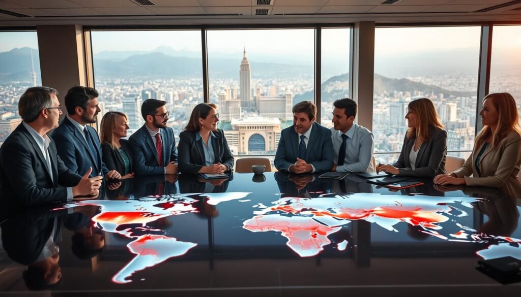 A dynamic scene depicting global collaboration, featuring a diverse group of professionals from various backgrounds engaged in a lively discussion around a large, modern conference table. In the foreground, a global map with light projections of cultural sites from Morocco is illuminated, symbolizing UNESCO's heritage. The middle ground shows team members in formal business attire, representing different nationalities, exchanging ideas with enthusiasm. The background showcases a panoramic window revealing a vibrant city skyline, suggesting an international setting. Soft natural light streams in, creating a warm and inviting atmosphere. The overall mood conveys optimism and unity, highlighting the importance of international cooperation in preserving culture and heritage. A dynamic scene depicting global collaboration, featuring a diverse group of professionals from various backgrounds engaged in a lively discussion around a large, modern conference table. In the foreground, a global map with light projections of cultural sites from Morocco is illuminated, symbolizing UNESCO's heritage. The middle ground shows team members in formal business attire, representing different nationalities, exchanging ideas with enthusiasm. The background showcases a panoramic window revealing a vibrant city skyline, suggesting an international setting. Soft natural light streams in, creating a warm and inviting atmosphere. The overall mood conveys optimism and unity, highlighting the importance of international cooperation in preserving culture and heritage.