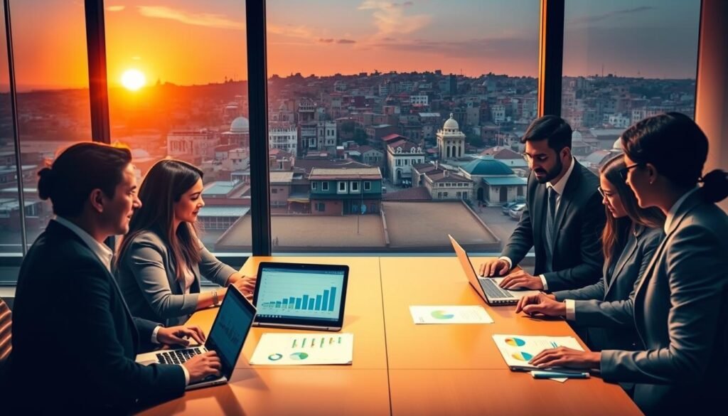 A dynamic scene depicting the strategic actions of the International Labour Organization (OIT) in Morocco. In the foreground, diverse professionals in smart business attire engage in a collaborative discussion, with a well-organized conference table and laptops open, showcasing charts and documents. The middle ground features a large window overlooking a vibrant cityscape of Marrakech, reflecting Morocco's cultural heritage with traditional architecture mixed with modern buildings. In the background, the sun sets, casting warm, golden light that creates a sense of hope and progress. The atmosphere is one of unity and determination, highlighting teamwork and partnership in a professional setting, with a focus on the importance of labor rights and societal impact. A dynamic scene depicting the strategic actions of the International Labour Organization (OIT) in Morocco. In the foreground, diverse professionals in smart business attire engage in a collaborative discussion, with a well-organized conference table and laptops open, showcasing charts and documents. The middle ground features a large window overlooking a vibrant cityscape of Marrakech, reflecting Morocco's cultural heritage with traditional architecture mixed with modern buildings. In the background, the sun sets, casting warm, golden light that creates a sense of hope and progress. The atmosphere is one of unity and determination, highlighting teamwork and partnership in a professional setting, with a focus on the importance of labor rights and societal impact.