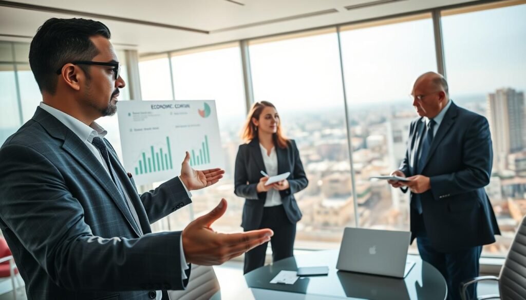 A dynamic scene illustrating the impact of economic development in Morocco, focusing on a diverse group of professionals in a conference room. In the foreground, a middle-aged Moroccan man in formal business attire gestures towards a digital presentation displaying economic data and graphs. In the middle ground, a diverse group of three individuals (a woman in a smart blazer, a young man in smart casual clothing, and an older man in business attire) are engaged in discussion, taking notes and looking at charts. The background features floor-to-ceiling windows showing a panoramic view of modern Moroccan architecture, with bright sunlight flooding the room, creating an optimistic atmosphere. The overall mood should convey collaboration, growth, and a forward-looking perspective on Morocco's economic landscape. A dynamic scene illustrating the impact of economic development in Morocco, focusing on a diverse group of professionals in a conference room. In the foreground, a middle-aged Moroccan man in formal business attire gestures towards a digital presentation displaying economic data and graphs. In the middle ground, a diverse group of three individuals (a woman in a smart blazer, a young man in smart casual clothing, and an older man in business attire) are engaged in discussion, taking notes and looking at charts. The background features floor-to-ceiling windows showing a panoramic view of modern Moroccan architecture, with bright sunlight flooding the room, creating an optimistic atmosphere. The overall mood should convey collaboration, growth, and a forward-looking perspective on Morocco's economic landscape.