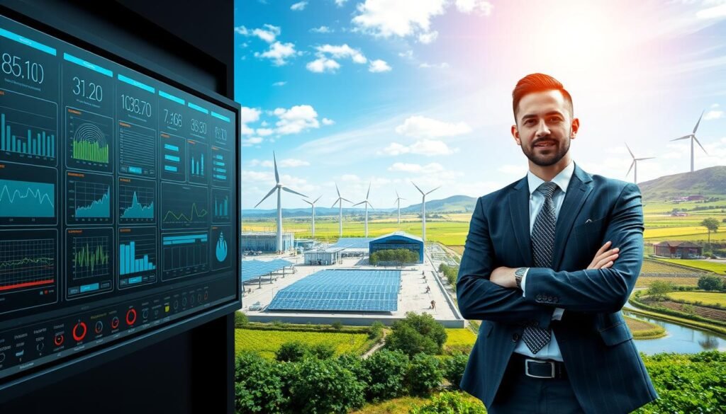 A dynamic scene illustrating the strategic missions of ONEE in electricity and water services. In the foreground, a confident business professional in smart attire stands next to a high-tech control panel displaying energy and water management data. The middle emphasizes a modern power plant and water facility with solar panels and wind turbines under a bright blue sky. In the background, a lush landscape symbolizes the sustainable approach of ONEE, featuring green fields and clean water sources. Soft, natural lighting flows through the scene, creating an optimistic atmosphere. Capture a wide-angle perspective to encompass the scale of ONEE’s impact on electricity and water resources in Morocco. A dynamic scene illustrating the strategic missions of ONEE in electricity and water services. In the foreground, a confident business professional in smart attire stands next to a high-tech control panel displaying energy and water management data. The middle emphasizes a modern power plant and water facility with solar panels and wind turbines under a bright blue sky. In the background, a lush landscape symbolizes the sustainable approach of ONEE, featuring green fields and clean water sources. Soft, natural lighting flows through the scene, creating an optimistic atmosphere. Capture a wide-angle perspective to encompass the scale of ONEE’s impact on electricity and water resources in Morocco.