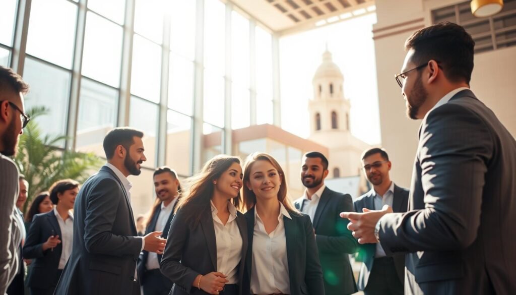 A dynamic scene in a Moroccan city showcasing the theme of integration and training. In the foreground, a diverse group of professionals in business attire actively engages in a collaborative workshop, with a focus on communication and teamwork. Mid-ground features a modern educational center with large windows allowing natural light to flood in, enhancing the vibrant atmosphere. The background includes traditional Moroccan architecture, reinforcing cultural identity. Bright, warm lighting creates an inspiring mood, while the angle captures a sense of movement and interaction among the participants, emphasizing growth and connection within the community. The image should evoke a sense of hope and progress in the realm of integration and training in Morocco. A dynamic scene in a Moroccan city showcasing the theme of integration and training. In the foreground, a diverse group of professionals in business attire actively engages in a collaborative workshop, with a focus on communication and teamwork. Mid-ground features a modern educational center with large windows allowing natural light to flood in, enhancing the vibrant atmosphere. The background includes traditional Moroccan architecture, reinforcing cultural identity. Bright, warm lighting creates an inspiring mood, while the angle captures a sense of movement and interaction among the participants, emphasizing growth and connection within the community. The image should evoke a sense of hope and progress in the realm of integration and training in Morocco.
