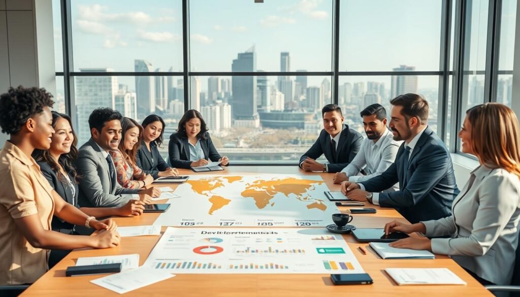 A dynamic scene of international collaboration and partnerships in development. In the foreground, a diverse group of business professionals from various cultural backgrounds, dressed in professional business attire, engaged in a meaningful discussion around a large conference table filled with documents and digital devices, emphasizing teamwork. In the middle ground, a world map and infographics showcasing development goals and statistics, symbolizing global partnerships. In the background, large windows reveal a bustling city skyline during daylight, suggesting progress and opportunity. Soft, natural lighting enhances a hopeful and productive atmosphere. A wide-angle perspective captures the energy and engagement of the meeting, celebrating the spirit of cooperation. A dynamic scene of international collaboration and partnerships in development. In the foreground, a diverse group of business professionals from various cultural backgrounds, dressed in professional business attire, engaged in a meaningful discussion around a large conference table filled with documents and digital devices, emphasizing teamwork. In the middle ground, a world map and infographics showcasing development goals and statistics, symbolizing global partnerships. In the background, large windows reveal a bustling city skyline during daylight, suggesting progress and opportunity. Soft, natural lighting enhances a hopeful and productive atmosphere. A wide-angle perspective captures the energy and engagement of the meeting, celebrating the spirit of cooperation.