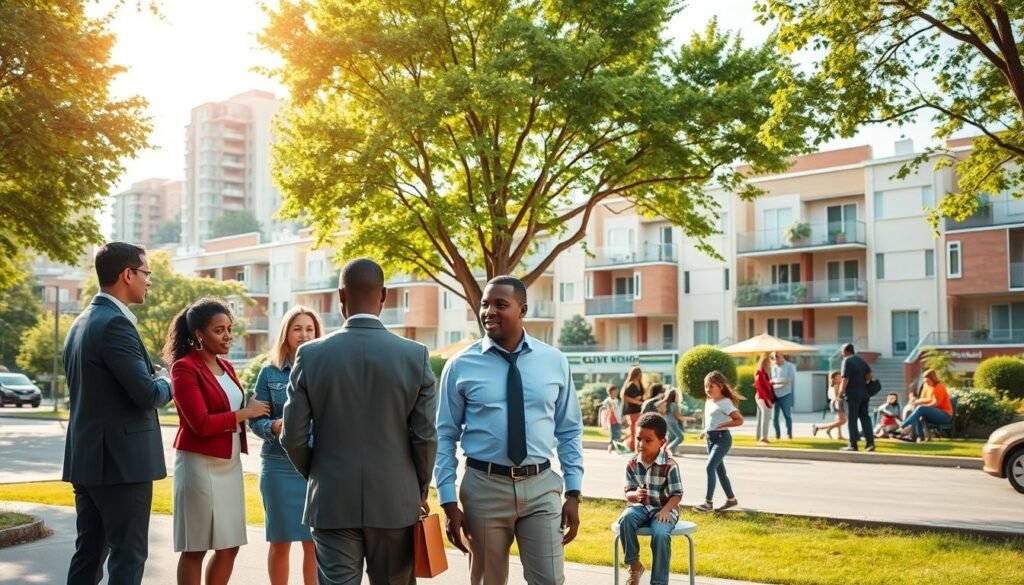 A dynamic urban scene depicting the role of neighborhoods in enhancing human capital. In the foreground, a diverse group of professionals in business attire engage in lively discussions, showcasing collaboration and innovation. The middle ground features a vibrant community center with children participating in educational activities, symbolizing growth and learning. In the background, various residential buildings reflect an inclusive neighborhood atmosphere, with greenery and public spaces that encourage social interaction. The image is illuminated by warm, natural sunlight filtering through the trees, creating a welcoming ambiance. Use a wide-angle perspective to capture the interconnectedness of the community, emphasizing the theme of human capital development within urban environments. A dynamic urban scene depicting the role of neighborhoods in enhancing human capital. In the foreground, a diverse group of professionals in business attire engage in lively discussions, showcasing collaboration and innovation. The middle ground features a vibrant community center with children participating in educational activities, symbolizing growth and learning. In the background, various residential buildings reflect an inclusive neighborhood atmosphere, with greenery and public spaces that encourage social interaction. The image is illuminated by warm, natural sunlight filtering through the trees, creating a welcoming ambiance. Use a wide-angle perspective to capture the interconnectedness of the community, emphasizing the theme of human capital development within urban environments.