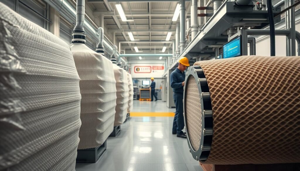 A dynamic visualization of an air-to-fabric optimization ratio in a clean, industrial setting emphasizing preventive maintenance. The foreground features expertly designed bag filter systems, showcasing their intricate details and textures, glistening under bright, even lighting. The middle ground displays technicians in professional attire analyzing performance metrics on digital screens and adjusting equipment with precision tools. In the background, a well-organized maintenance area with a clear view of the facility’s standards for air filtration. The overall atmosphere conveys professionalism and efficiency, with a bright color palette that reinforces the theme of optimized performance. A wide-angle lens captures the scene, creating a sense of depth and highlighting the importance of preventive maintenance in filtration systems. A dynamic visualization of an air-to-fabric optimization ratio in a clean, industrial setting emphasizing preventive maintenance. The foreground features expertly designed bag filter systems, showcasing their intricate details and textures, glistening under bright, even lighting. The middle ground displays technicians in professional attire analyzing performance metrics on digital screens and adjusting equipment with precision tools. In the background, a well-organized maintenance area with a clear view of the facility’s standards for air filtration. The overall atmosphere conveys professionalism and efficiency, with a bright color palette that reinforces the theme of optimized performance. A wide-angle lens captures the scene, creating a sense of depth and highlighting the importance of preventive maintenance in filtration systems.