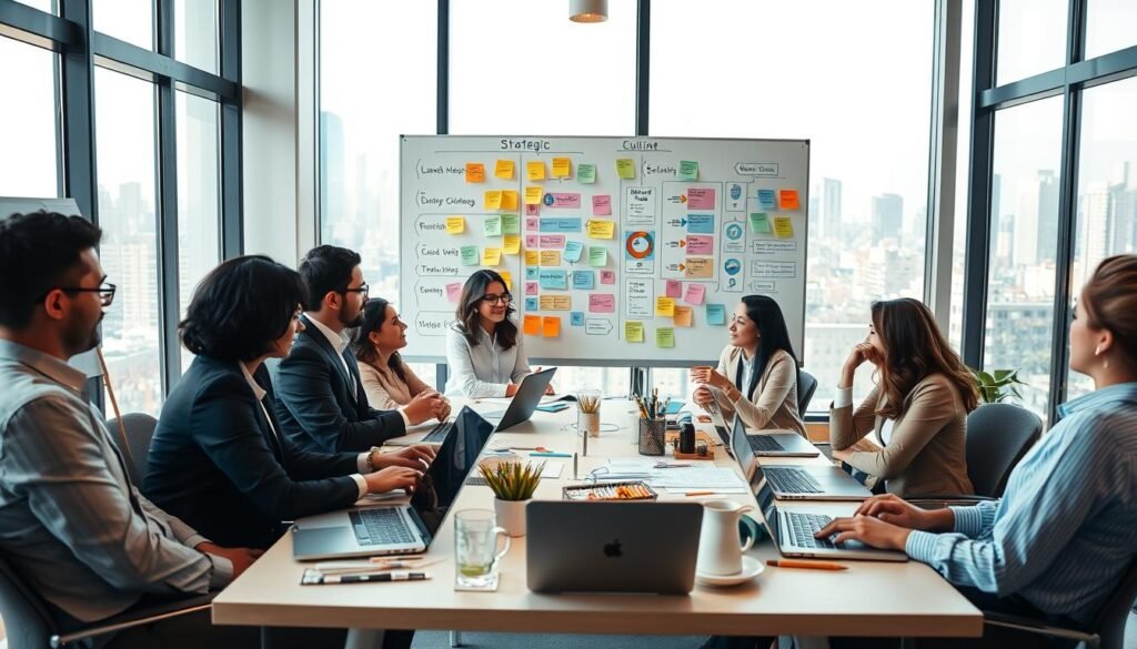 A dynamic workspace depicting a strategic planning session for launching an online boutique. In the foreground, a diverse group of professionals in business attire sitting around a modern table filled with laptops, charts, and coffee cups, actively discussing ideas. In the middle ground, a large whiteboard covered with colorful post-it notes, flowcharts, and key performance indicators. The background features large windows allowing natural light to stream in, showcasing a city skyline. The atmosphere is collaborative and focused, conveying a sense of innovation and entrepreneurship. Use soft, warm lighting to enhance the welcoming environment, and capture the scene from a slightly elevated angle, creating depth and engagement. A dynamic workspace depicting a strategic planning session for launching an online boutique. In the foreground, a diverse group of professionals in business attire sitting around a modern table filled with laptops, charts, and coffee cups, actively discussing ideas. In the middle ground, a large whiteboard covered with colorful post-it notes, flowcharts, and key performance indicators. The background features large windows allowing natural light to stream in, showcasing a city skyline. The atmosphere is collaborative and focused, conveying a sense of innovation and entrepreneurship. Use soft, warm lighting to enhance the welcoming environment, and capture the scene from a slightly elevated angle, creating depth and engagement.