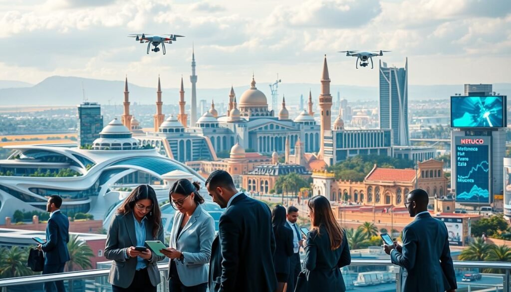 A futuristic Moroccan cityscape showcasing the digital transformation envisioned for "Morocco Digital Strategy 2030." In the foreground, a diverse group of professionals in business attire collaborate around digital devices, analyzing data and discussing innovations. The middle ground features modern architecture with solar panels and green technology, symbolizing sustainable development. In the background, iconic Moroccan landmarks blend seamlessly with high-tech elements like drones and digital billboards. The atmosphere is vibrant and optimistic, with bright, warm lighting highlighting the energy of progress. Capture this scene from a slightly elevated angle to provide depth, ensuring the image conveys a sense of unity, innovation, and forward-thinking spirit in Morocco's startup ecosystem. A futuristic Moroccan cityscape showcasing the digital transformation envisioned for "Morocco Digital Strategy 2030." In the foreground, a diverse group of professionals in business attire collaborate around digital devices, analyzing data and discussing innovations. The middle ground features modern architecture with solar panels and green technology, symbolizing sustainable development. In the background, iconic Moroccan landmarks blend seamlessly with high-tech elements like drones and digital billboards. The atmosphere is vibrant and optimistic, with bright, warm lighting highlighting the energy of progress. Capture this scene from a slightly elevated angle to provide depth, ensuring the image conveys a sense of unity, innovation, and forward-thinking spirit in Morocco's startup ecosystem.