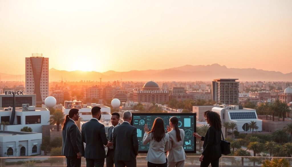 A futuristic Moroccan cityscape symbolizing "Morocco Digital 2030", with a blend of modern architecture and traditional Moroccan elements. In the foreground, a diverse group of professionals in business attire engage in a brainstorming session around a high-tech digital display, showcasing innovative startups. The middle ground features sleek, eco-friendly buildings with solar panels and greenery, emphasizing sustainability. In the background, the Atlas Mountains create a striking horizon under a vibrant sunset, casting warm light across the scene. The atmosphere is dynamic and optimistic, highlighting collaboration and progress. Use a wide-angle lens to capture depth, with soft, inviting lighting to enhance the hopeful mood of innovation and technology for the future. A futuristic Moroccan cityscape symbolizing "Morocco Digital 2030", with a blend of modern architecture and traditional Moroccan elements. In the foreground, a diverse group of professionals in business attire engage in a brainstorming session around a high-tech digital display, showcasing innovative startups. The middle ground features sleek, eco-friendly buildings with solar panels and greenery, emphasizing sustainability. In the background, the Atlas Mountains create a striking horizon under a vibrant sunset, casting warm light across the scene. The atmosphere is dynamic and optimistic, highlighting collaboration and progress. Use a wide-angle lens to capture depth, with soft, inviting lighting to enhance the hopeful mood of innovation and technology for the future.