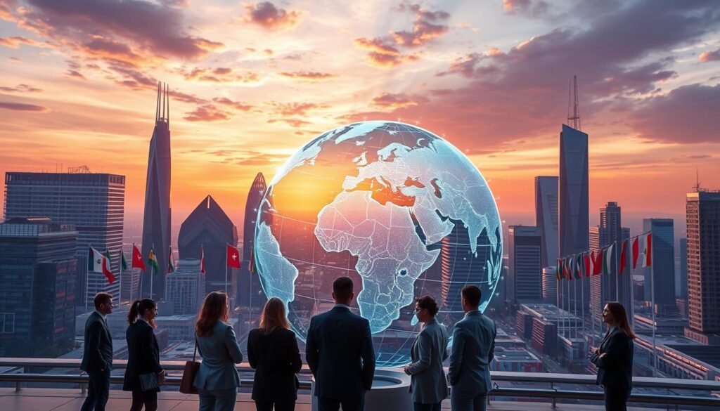 A futuristic cityscape representing international commercial relations, with a focus on Morocco. In the foreground, a diverse group of professionals in business attire engage in discussion around a holographic globe displaying trade routes and economic data. The middle ground features sleek, modern buildings adorned with flags representing various countries, emphasizing global partnerships. In the background, a sunset sky casts warm golden and purple hues over the city, symbolizing hope and opportunity. Utilize a wide-angle lens to capture the expansive view, highlighting the interconnectedness of global trade. The atmosphere is dynamic and optimistic, suggesting growth and collaboration in future international commerce. A futuristic cityscape representing international commercial relations, with a focus on Morocco. In the foreground, a diverse group of professionals in business attire engage in discussion around a holographic globe displaying trade routes and economic data. The middle ground features sleek, modern buildings adorned with flags representing various countries, emphasizing global partnerships. In the background, a sunset sky casts warm golden and purple hues over the city, symbolizing hope and opportunity. Utilize a wide-angle lens to capture the expansive view, highlighting the interconnectedness of global trade. The atmosphere is dynamic and optimistic, suggesting growth and collaboration in future international commerce.