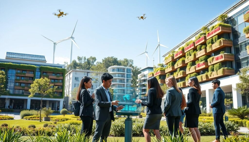 A futuristic university campus showcasing green initiatives and technological development. In the foreground, a group of diverse students in professional business attire collaborates around a holographic display, analyzing sustainable energy solutions. The middle ground features modern buildings adorned with vertical gardens and solar panels, surrounded by lush greenery and trees. In the background, a clear blue sky is dotted with efficient wind turbines and drones, symbolizing innovation. Soft, natural lighting highlights the vibrant colors of the surroundings, creating an uplifting atmosphere that conveys progress and harmony between nature and technology. The angle is slightly elevated, offering a comprehensive view of this eco-friendly academic landscape. A futuristic university campus showcasing green initiatives and technological development. In the foreground, a group of diverse students in professional business attire collaborates around a holographic display, analyzing sustainable energy solutions. The middle ground features modern buildings adorned with vertical gardens and solar panels, surrounded by lush greenery and trees. In the background, a clear blue sky is dotted with efficient wind turbines and drones, symbolizing innovation. Soft, natural lighting highlights the vibrant colors of the surroundings, creating an uplifting atmosphere that conveys progress and harmony between nature and technology. The angle is slightly elevated, offering a comprehensive view of this eco-friendly academic landscape.