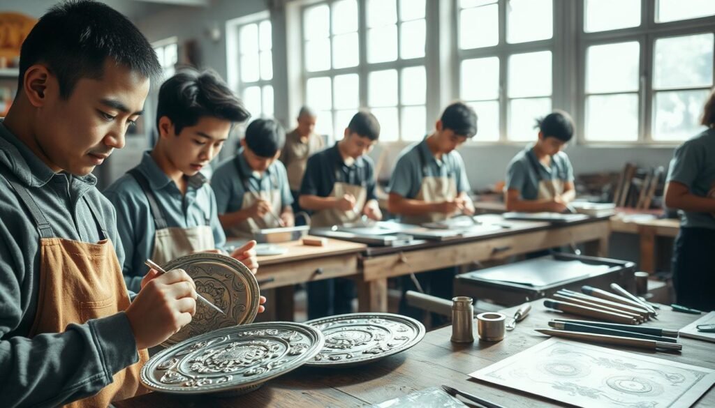 A group of young apprentices engaged in silver engraving, focused intently on their work at a bright workshop filled with tools and materials. In the foreground, an apprentice delicately carves intricate designs into a silver plate, while another examines a finished piece, showcasing the craftsmanship. The middle ground features wooden workstations adorned with various engraving tools and sheets of silver, emphasizing the artisanal aspect of their training. In the background, sunlight streams through large windows, illuminating the workshop and creating a warm, inviting atmosphere. The apprentices are dressed in modest, casual work attire. The overall mood is one of concentration and passion for traditional craftsmanship, highlighting the economic significance of artisanal training in a cooperative environment. Soft, natural lighting enhances the detailed textures of the silver and the focused expressions of the apprentices. A group of young apprentices engaged in silver engraving, focused intently on their work at a bright workshop filled with tools and materials. In the foreground, an apprentice delicately carves intricate designs into a silver plate, while another examines a finished piece, showcasing the craftsmanship. The middle ground features wooden workstations adorned with various engraving tools and sheets of silver, emphasizing the artisanal aspect of their training. In the background, sunlight streams through large windows, illuminating the workshop and creating a warm, inviting atmosphere. The apprentices are dressed in modest, casual work attire. The overall mood is one of concentration and passion for traditional craftsmanship, highlighting the economic significance of artisanal training in a cooperative environment. Soft, natural lighting enhances the detailed textures of the silver and the focused expressions of the apprentices.